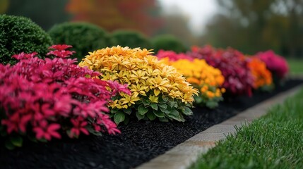 Fototapeta premium Vibrant flower garden with colorful blooms on a misty day.