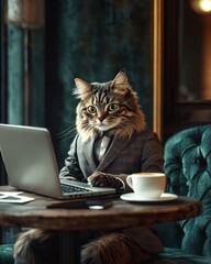 Sophisticated Cat in Tailored Suit at a Desk. symbolizing elegance and precision in freelance business.