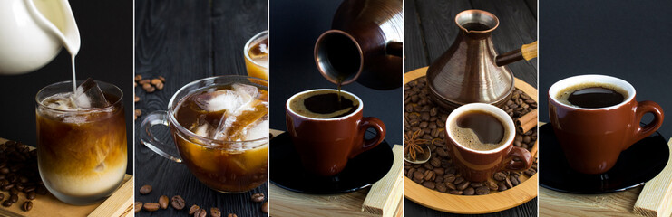 Coffee collage on the black background. Close-up.