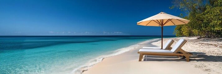 Obraz premium Relaxing on a sunny beach with lounge chairs and an umbrella by the clear blue water