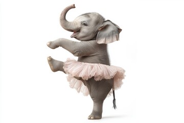 Joyful elephant in ballet costume posing on one leg against a simple white background isolated