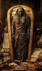 Obraz premium Golden Pharaoh mummy in a tomb with hieroglyphics.