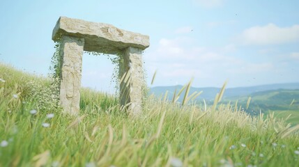 Serene Rustic Tomb Gateway in Rolling Hills with Wild Grasses and Birdsongs - Ultra-Detailed Tranquil Scene