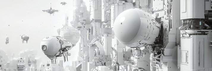 Abstract grey and white background with futuristic technical elements.