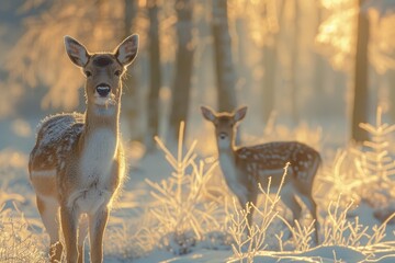 Two young deer stand in a snowy forest, illuminated by the golden rays of sunrise.