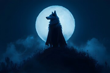 Fototapeta premium Haunting Husky Silhouette Under Full Mystical Moon in Spooky Nightscape