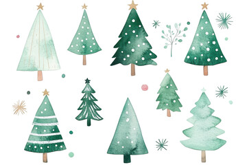 Watercolor Christmas tree illustrations in shades of green with stars, isolated on white. Artistic and whimsical style, perfect for holiday-themed designs, cards, and winter decoration.
