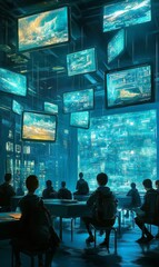 Students watch futuristic city screens.