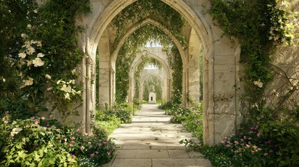 Enchanting Stone Archway to Tomb with Vibrant Flora | Detailed Architecture and Nature Contrast