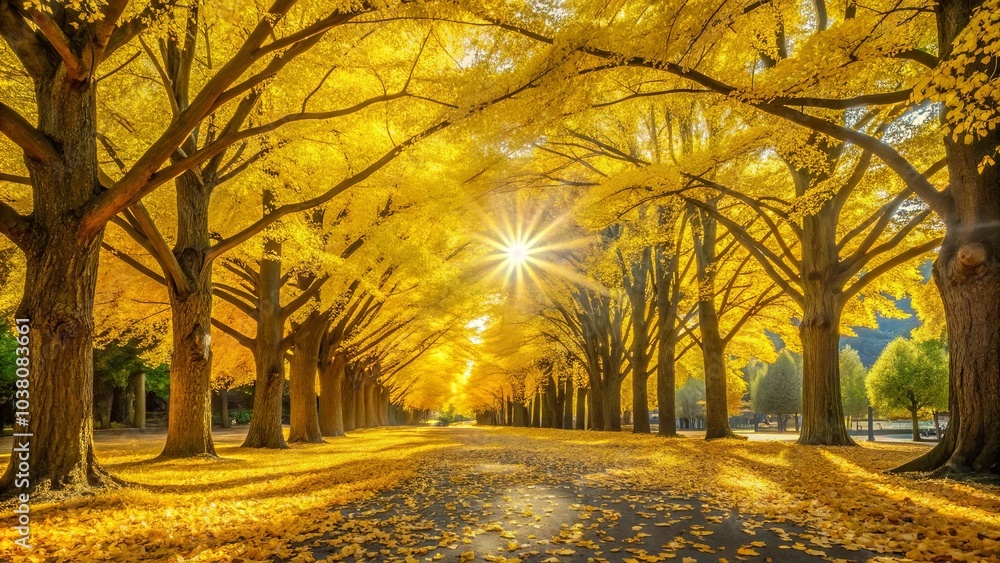 Wall mural Golden Canopy Path Illuminated by Sunlight, Casting Warm Hues Across the Fall Landscape