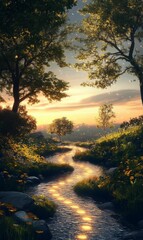 Golden sunset reflecting on a winding stream.