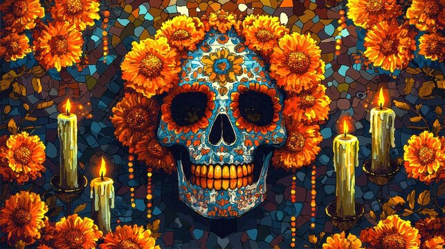 Colorful Calavera with Flowers and Candles Illustration day of the dead