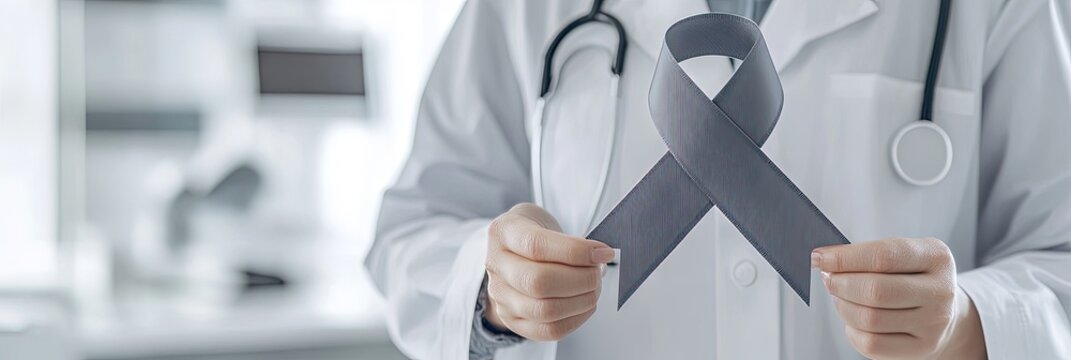 Caring hands holding a symbolic gray ribbon in daylight, symbolizing brain cancer awareness