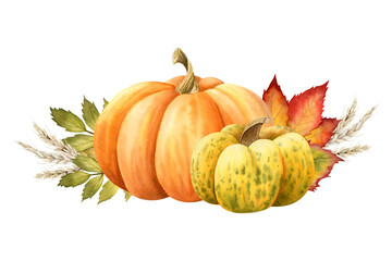 Pumpkins harvest with fall leaves watercolor illustration isolated on white. Ripe fall gourds vegetables in orange and yellow colors for autumn Thanksgiving designs and cards