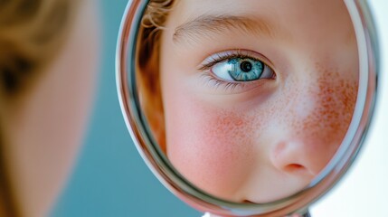 Close-up of a child's freckled face through a magnifying glass, highlighting a blue eye, AI