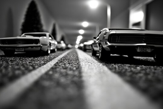 Fototapeta A black and white photo of a classic car driving down a long, empty road.