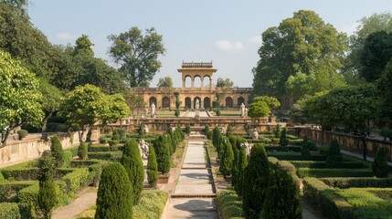Fototapeta premium Majestic Historical Tomb Amid Tranquil Gardens - A Reverent Tribute to the Past