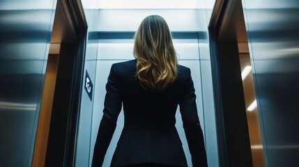 A businesswoman in a black blazer walks towards the open doors of an elevator.