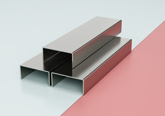 Three Metallic Staple Pins Blocks Rest On A Split Light Blue And Pink Background 3D Illustration
