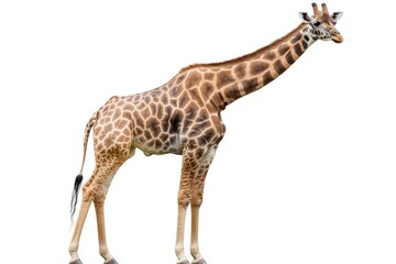 Fototapeta premium Portrait of a giraffe with spotted fur, neck extended, centered against a clean white background isolated