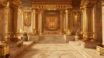 Naklejka premium Opulent Mysteries Unveiled: Ultra-Detailed View of a Lavishly Adorned Tomb with Golden Artifacts and Plush Fabrics