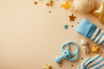 A collection of baby accessories arranged with decorative stars and beads on a light background