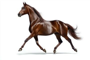 Energetic galloping horse portrait with shiny brown coat on a minimalist white background isolated