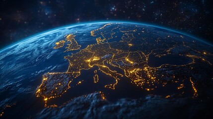 Obraz premium Global network connection visualization over Europe from space with illuminated city lights and blue atmosphere. Generative AI