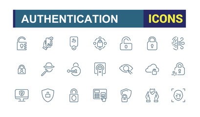 Biometric and authentication icons. Voice recognition, fingerprint, and more. Pixel Perfect Vector Thin Line Icons. Simple Minimal vector illustration.