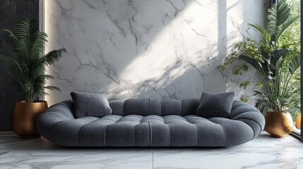 Scandinavian Interior with Modern Gray Sofa in Minimalist Living Room Design. Generative AI