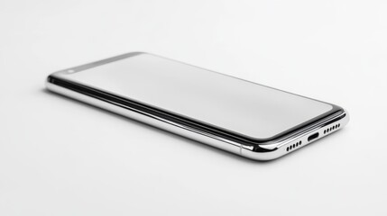 Modern sleek smartphone in chrome finish on a white background showcasing the minimalistic design of the device. Generative AI