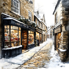 Christmas Cobblestone Street.  Generated image.  A digital illustration in a watercolor painting style of a charming cobblestone street with shops displaying Christmas holiday wares in their windows.