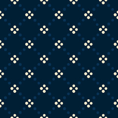 Cute small white flower pattern doodle shapes motif continuous classic blue dots background. Modern decoration ditsy floral fabric design textile swatch ladies dress, men's shirt all over print block.