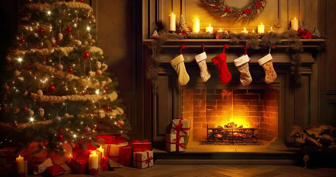 Christmas time Interior scene with decorated tree and fireplace with hanged socks. Winter seasonal 4K loop animation for advertisement.