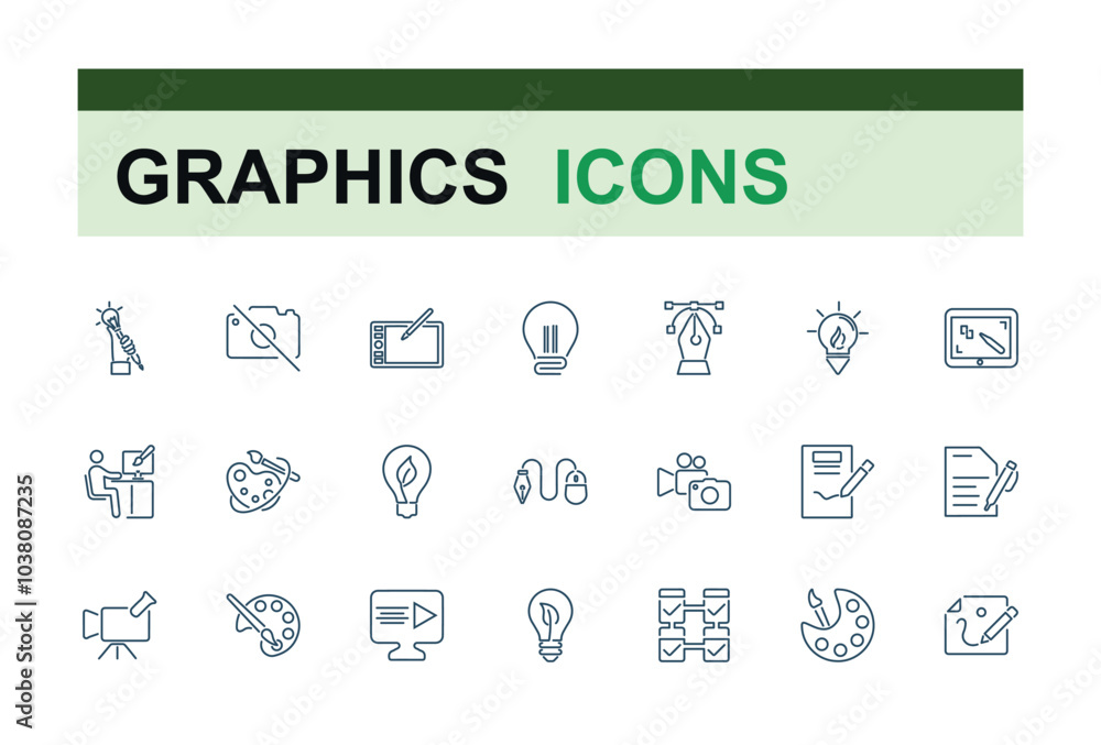 Poster graphic design icons set. art and design vector illustration in modern thin line style of computer g
