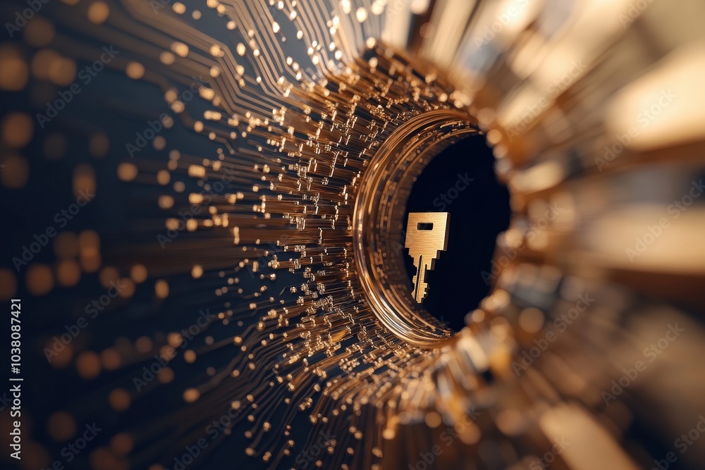 Wall mural futuristic keyhole with brass elements and patterns
