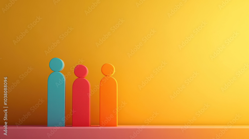 Poster human figures arranged in a colorful bar graph, representing data visualization through creative rep