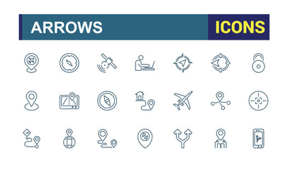 Navigation and location icons set. Map icons. Arrows and ddestination editable stroke. Vector illustration.