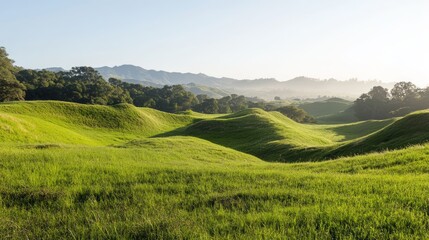 Fototapeta premium Tranquil Valley of Ancient Burial Mounds Serene Landscape with Peaceful Ambiance Surrounded by Nature Sounds and Gentle Breeze | Ultra-Detailed Photo