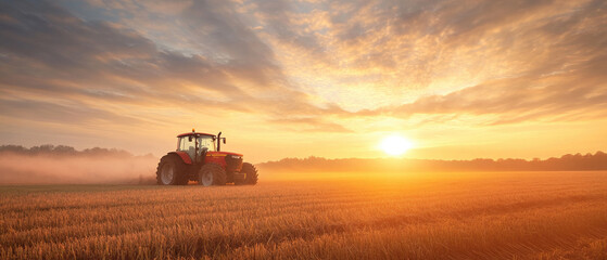 Fototapeta premium Tractor in a Maryland field at sunset, golden light illuminating the landscape, serene rural atmosphere, agricultural beauty.