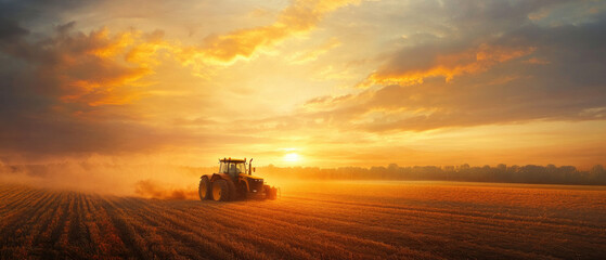 Fototapeta premium Tractor in a Maryland field at sunset, vibrant sky hues casting warm light over crops, symbolizing rural life and agricultural beauty