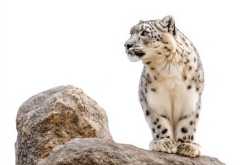 Obraz premium Snow leopard portrait fierce profile view with spotted fur on rock, minimalist composition isolated