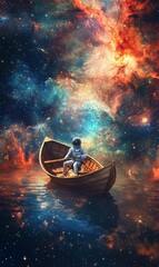 Obraz premium Astronaut rows boat through starry nebula.