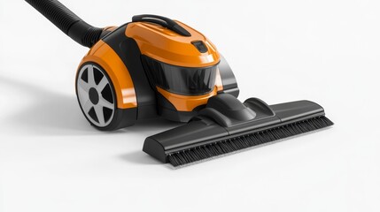 Fototapeta premium Orange vacuum cleaner with a wide brush head on a white background modern design high-efficiency home cleaning tool. Generative AI