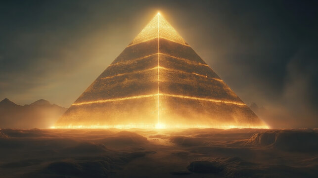 glowing pyramid in the night desert