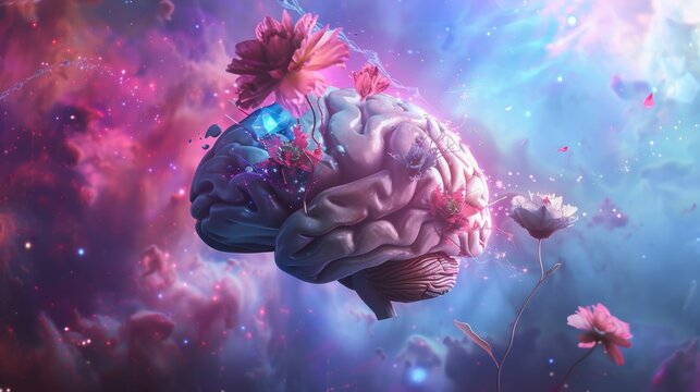 a surrealistic interpretation of the human brain as a cosmic tapestry, with threads of thought and perception weaving together to form a vibrant mosaic of consciousness