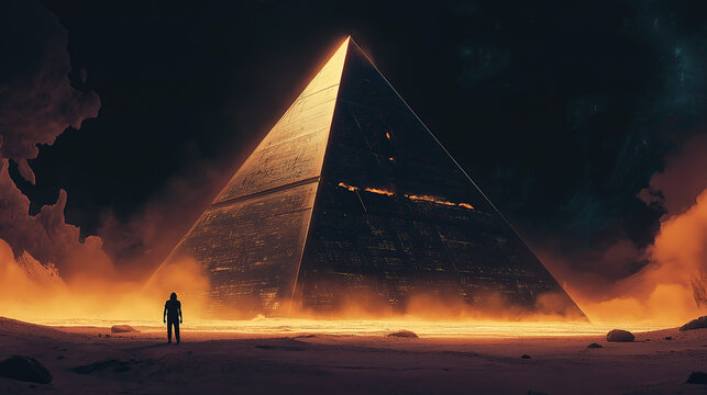 glowing pyramid in the night desert