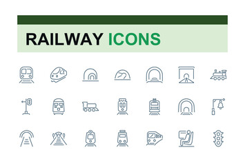 Railway outline icons. Train linear icon collection. Editable stroke. Train station icons bundle. Vector illustration.