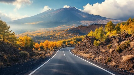 Winding road through autumnal forest leading to a majestic mountain peak under a clear blue sky.