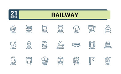 Railway outline icons. Train linear icon collection. Editable stroke. Train station icons bundle. Vector illustration.
